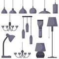 Lamps of different types, set. Chandeliers, lamps, bulbs, table lamp, flashlight, floor lamp - elements of modern interior. Vector Royalty Free Stock Photo