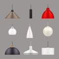 Lamps hanging different design realistic set. Pendant luminaires chandeliers electroliers