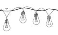 Lamps, light bulbs,festoon, garland, glowing light vector seamless border. One continuous line drawing lamp,bulb garland