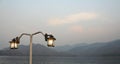 Lamps and mountain view in the evening