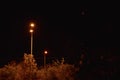 Lamps and trees on nighty street with red moon on black sky during eclipse of the moon in czech city of Chomutov on 27th july 2018 Royalty Free Stock Photo