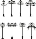 Lamps a vector of black color, street lighting, patterns on a lamppost, vintage lamps,