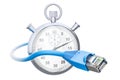 Lan cable with stopwatch, fast internet connection concept. 3D r Royalty Free Stock Photo
