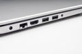 LAN , HDMI , firewire and usb ports of laptop computer on white