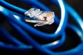 LAN network connection blue cable on black background Royalty Free Stock Photo