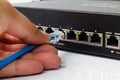 LAN network switch with ethernet cables plugging in Royalty Free Stock Photo