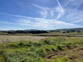 Lancashire evening landscape, with fields, and distant hills near, Slaidburn, Lancashire, UK