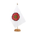 Lancashire red rose Flag, small wooden lancastrian table flag, isolated on white background