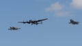 Lancaster bomber in formation with a Tornado and F35 jet Royalty Free Stock Photo