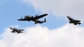 Lancaster bomber in formation with a Tornado and F35 jet Royalty Free Stock Photo