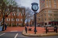 LANCASTER, USA - APRIL, 18, 2018: Outdoor view of huge metallic clock located in downtown Lancaster, Pennsylvania in a