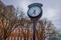 LANCASTER, USA - APRIL, 18, 2018: Outdoor view of huge metallic clock located in downtown Lancaster, Pennsylvania in a