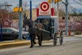 LANCASTER, USA - APRIL, 18, 2018: View of amish carriage in the city, known for simple living with touch of nature