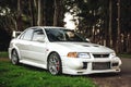 Front view of a white Mitsubishi Evolution VI Royalty Free Stock Photo