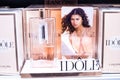 Lancome IDOLE perfume on the shop display for sale, fragrance created by LancÃÂ´me, Zendaya in background Royalty Free Stock Photo