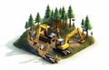 land development concept backhoe clearing in forest isometric and enginneer working with worker , Minimalist Royalty Free Stock Photo