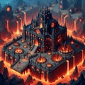 A land full of evil aura, with a huge demon armory, whole building surrounded by magma, isometric view, top-down, games design