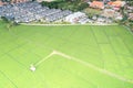 Land, landscape of green field in aerial view. Royalty Free Stock Photo