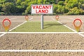 Land plot management - real estate concept with a vacant land signboard on a plowed field available for building construction and