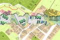Land registry fees in European Union - concept with an imaginary cadastral map of territory with buildings and land parcel against