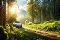 2024 land rover defender in pine forest dynamic profile on forest road showing agility and power Royalty Free Stock Photo