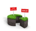 Land sale concept. Ground with grass in the shape of a cake