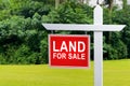 LAND FOR SALE SIGN on empty meadow - Real estate conceptual image. Royalty Free Stock Photo