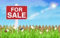 Land sale sign on grass field with sky background