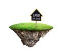 Land for sale sign on grass and geology cross section with soil and green grass. fantasy floating island natural isolated on white Royalty Free Stock Photo