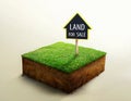 Land for sale sign on grass and geology cross section with soil, ground ecology isolated on light color. real estate investment Royalty Free Stock Photo