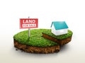 Land for sale sign and Model house on round soil ground cross section with earth land and green grass, ground ecology isolated on