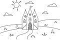 Land scape with castle, the Sun and clouds in hand drawn doodle style. Coloring Page.