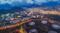 Land scape of Oil refinery plant from bird eye view on night Royalty Free Stock Photo