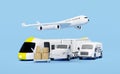 Land transport concept, 3d worldwide shipping with truck delivery van, plane, sky train transport isolated on blue background.