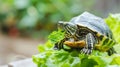 A land turtle eats a lettuce leaf, large copyspace area, offcenter composition