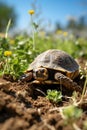 Land turtle in green grass with wildflowers on international turtle protection day