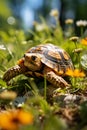 Land Turtle in green grass with wildflowers in summer, International Turtle Protection Day