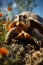 Land Turtle walks in field with wildflowers in summer, International Turtle Protection Day