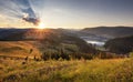 Landcape with sun, meadow, forest and mountain