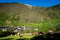 Landcape with a village, cows and mountains in the Pyrenees