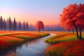 Landcsape of nature featuring river, trees, flowers, peaceful sky and mountains during sunset, sunrise or night. AI Generated Royalty Free Stock Photo