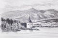 Landcsape scenery with lake, chapel and mountains, pencil drawing.