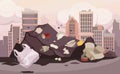 Landfill background. Horizontal mess of waste, dirty dumpster with garbage, urban public disposal. Vector illustration
