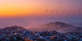 The landfill landscape at sunset with birds soaring above the garbage piles. AI generated image Royalty Free Stock Photo