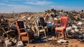 Landfill site with piles of discarded furniture