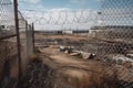 landfill surrounded by chain-link fence, with warning signs and barbed wire Royalty Free Stock Photo