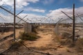 landfill surrounded by chain-link fence, with warning signs and barbed wire Royalty Free Stock Photo