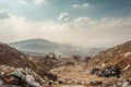 landfill with towering mountain of garbage, surrounded by recycling bins for materials and energy recovery