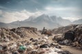 landfill with towering mountain of garbage, surrounded by recycling bins for materials and energy recovery