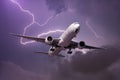 Landing airliner during a strong wind in a storm against the backdrop of a flash of lightning Royalty Free Stock Photo